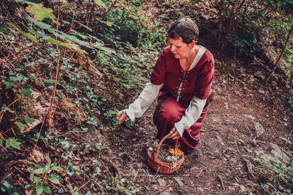 Eine Person in mittelalterlicher Kleidung sammelt Pflanzen im Wald und hält einen Korb mit Blumen.