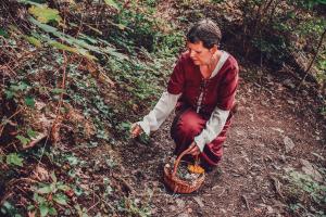 Eine Person in mittelalterlicher Kleidung sammelt Pflanzen im Wald und hält einen Korb mit Blumen.