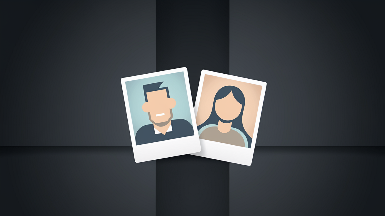 Zwei stilisierte, vereinfachte Illustrationen von Personen ohne erkennbare Gesichtszüge auf polaroidähnlichen Karten vor einem dunklen Hintergrund.