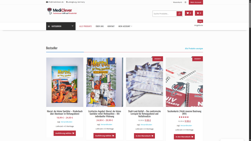 Screenshot der MediClever-Website, die Bestseller-Produkte wie ein Kinderbuch über den Rettungsdienst und Lernmaterialien zeigt, zusammen mit Preisangaben und Bestelloptionen.