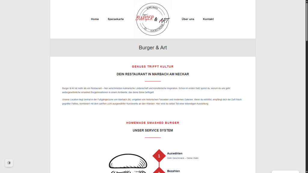 Webseite für das Restaurant Burger & Art in Marbach am Neckar mit Informationen über das Restaurant und das Service-System für Burger-Bestellungen.