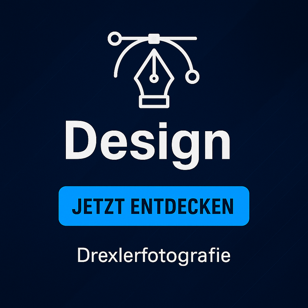 Ein grafisches Design mit einem weißen Stift-Icon, dem Wort 'Design' in großen Buchstaben, einem blauen Button mit der Aufschrift 'JETZT ENTDECKEN' und dem Text 'Drexlerfotografie' darunter, alles auf einem dunklen Hintergrund.