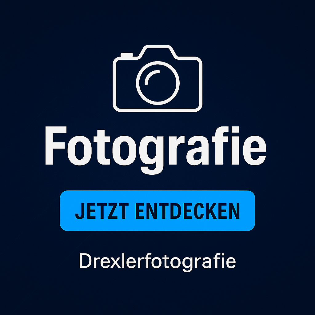 Ein grafisches Design mit der Überschrift "Fotografie", einer Kamera-Illustration und dem Button "JETZT ENTDECKEN" auf einem dunklen Hintergrund, darunter der Schriftzug "Drexlerfotografie".