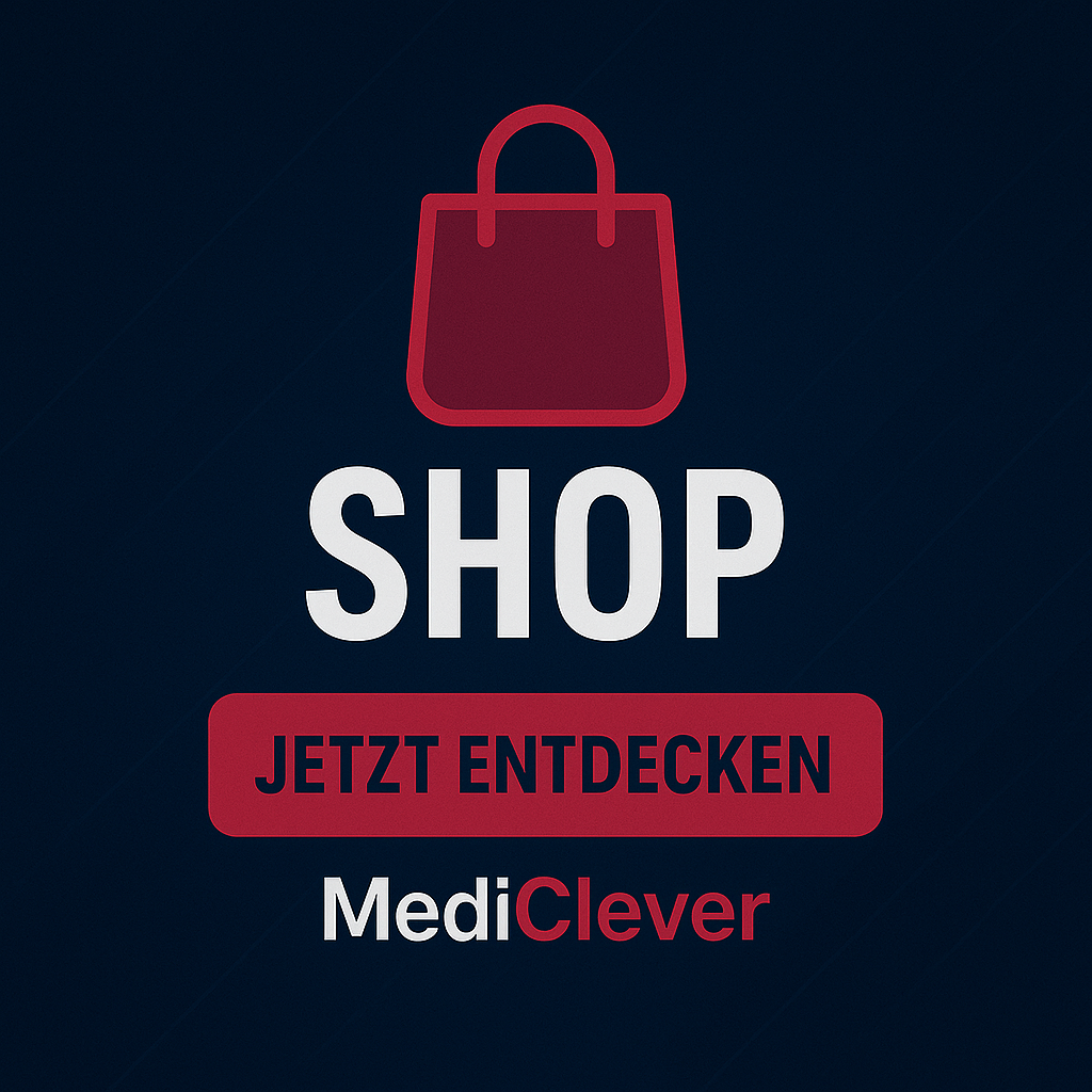 Grafik mit einem Einkaufsbeutel-Symbol und dem Text 'SHOP', darunter 'JETZT ENTDECKEN' in roter Schrift auf einem dunklen Hintergrund, mit dem Logo 'MediClever' am unteren Rand.